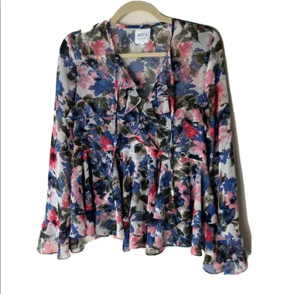 Misa Los Angeles Damaris Top Size XS Floral Ruffle Trim Long Bell Sleeves